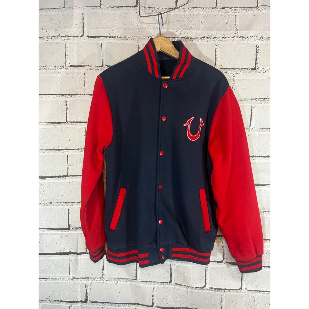 Rare 2005 True Religion Mens Varsity Jacket Navy Blue Red Horseshoe Logo 2XL